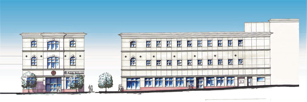Hand drawn construction render of the Harrisonburg City School Board Building done by Mather Architects.