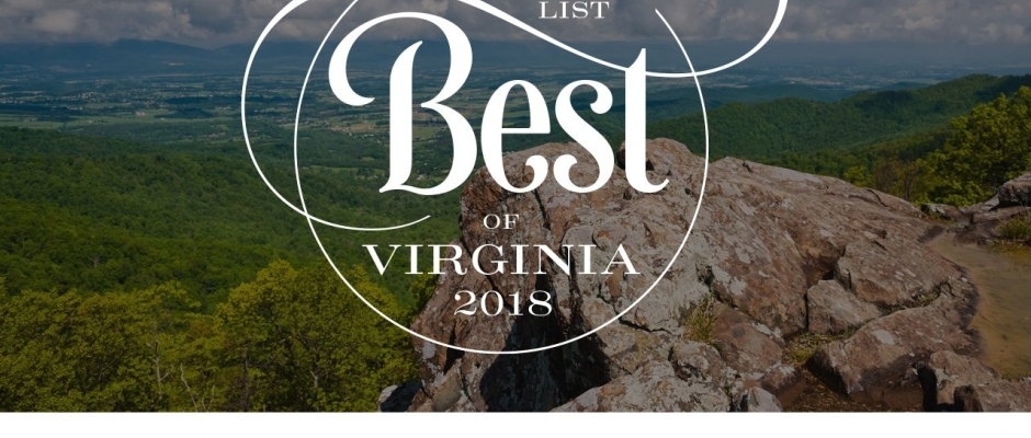 Mather Architects wins in Virginia Living. Image of Humpback Rock overlook in Augusta County, VA, with "Best of Virginia" logo in white.