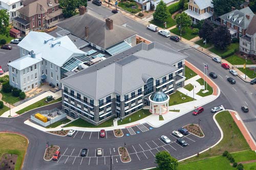 An aerial view of Harrisonburg City Hall, Harrisonburg, VA, where you can see all construction, old and new.
